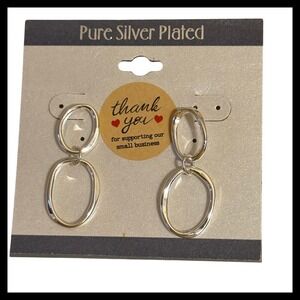 NWOT Pure Silver Plated Oval Hoop Dangle Earrings Statement Jewelry